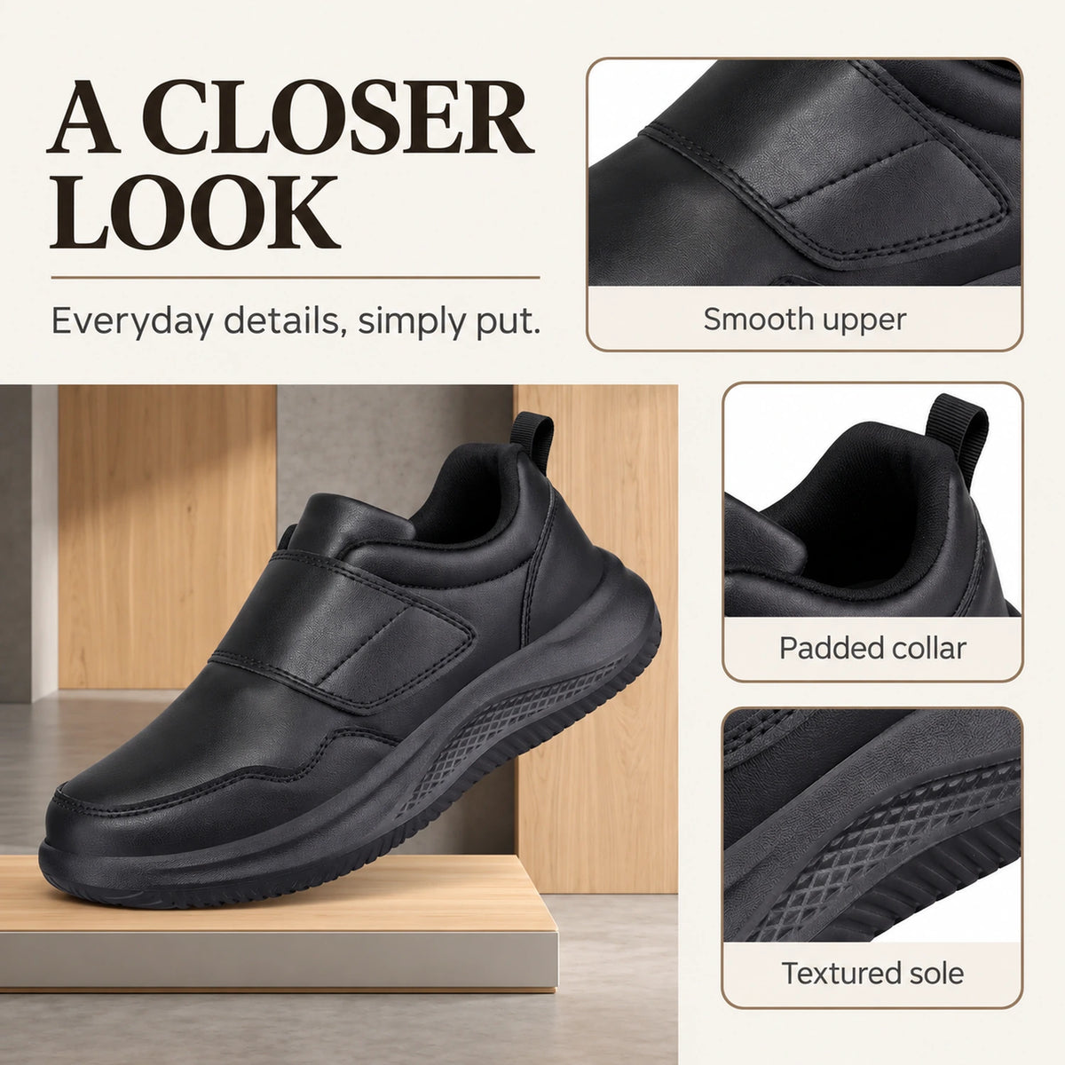 Mens Adjustable Hook and Loop Strap Casual Shoes with Heel Loop