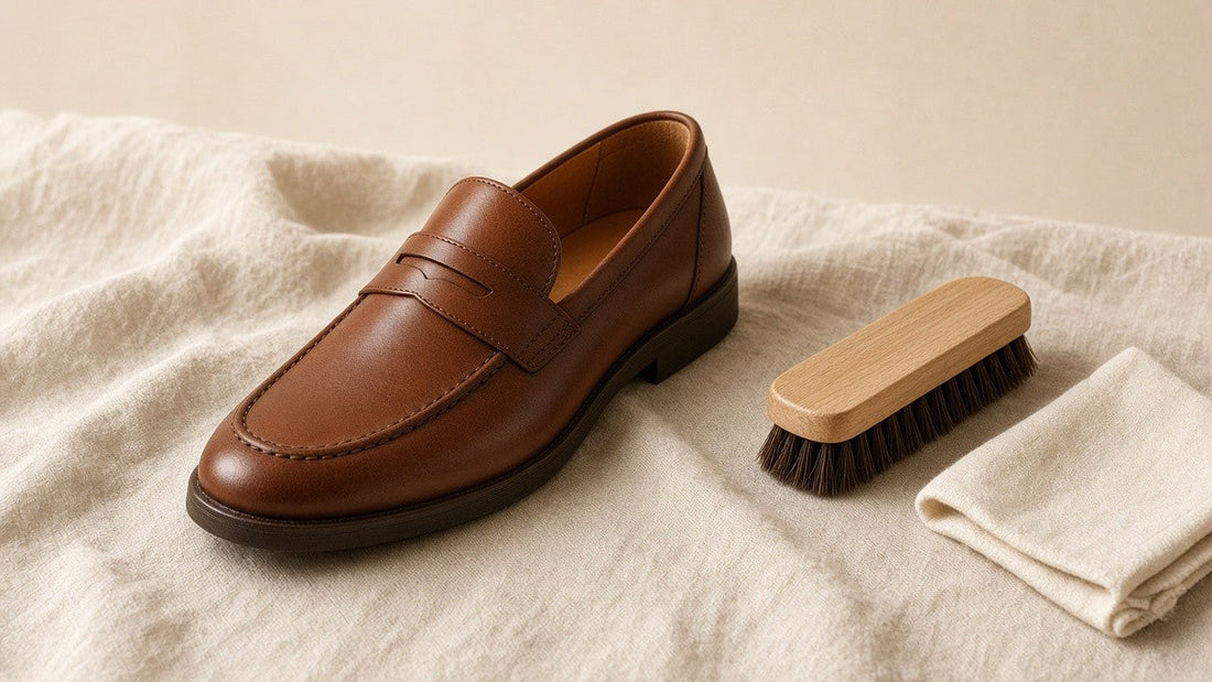 Slip-on shoe with brush and care cloth