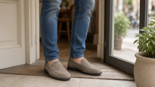 Person wearing casual slip-ons at a doorway
