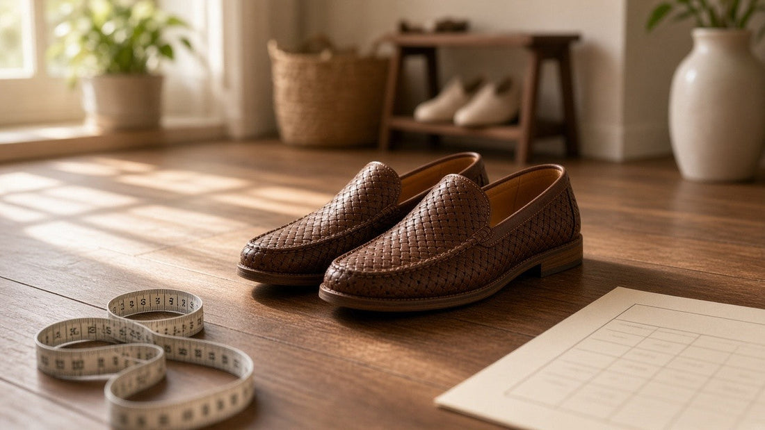 Measuring tape beside wide-fit slip-on shoes