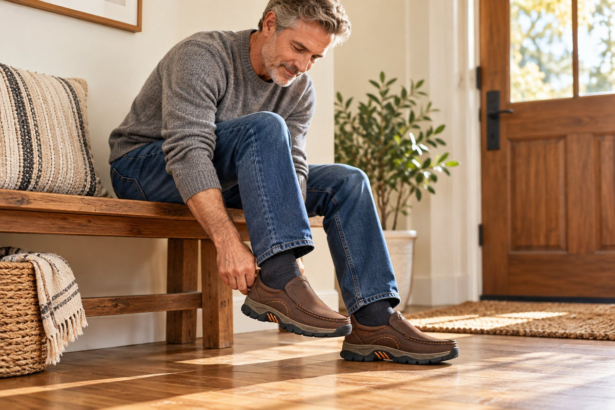 Man seated by his front door slipping on brown Roam Paths moc-toe shoes before heading out