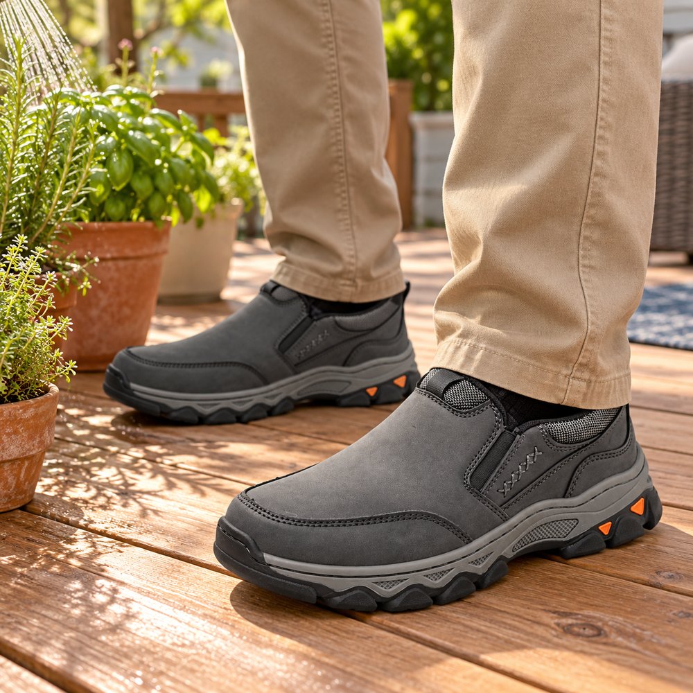Close view of gray Roam Paths slip-on shoes with a rounded forefoot on a backyard deck