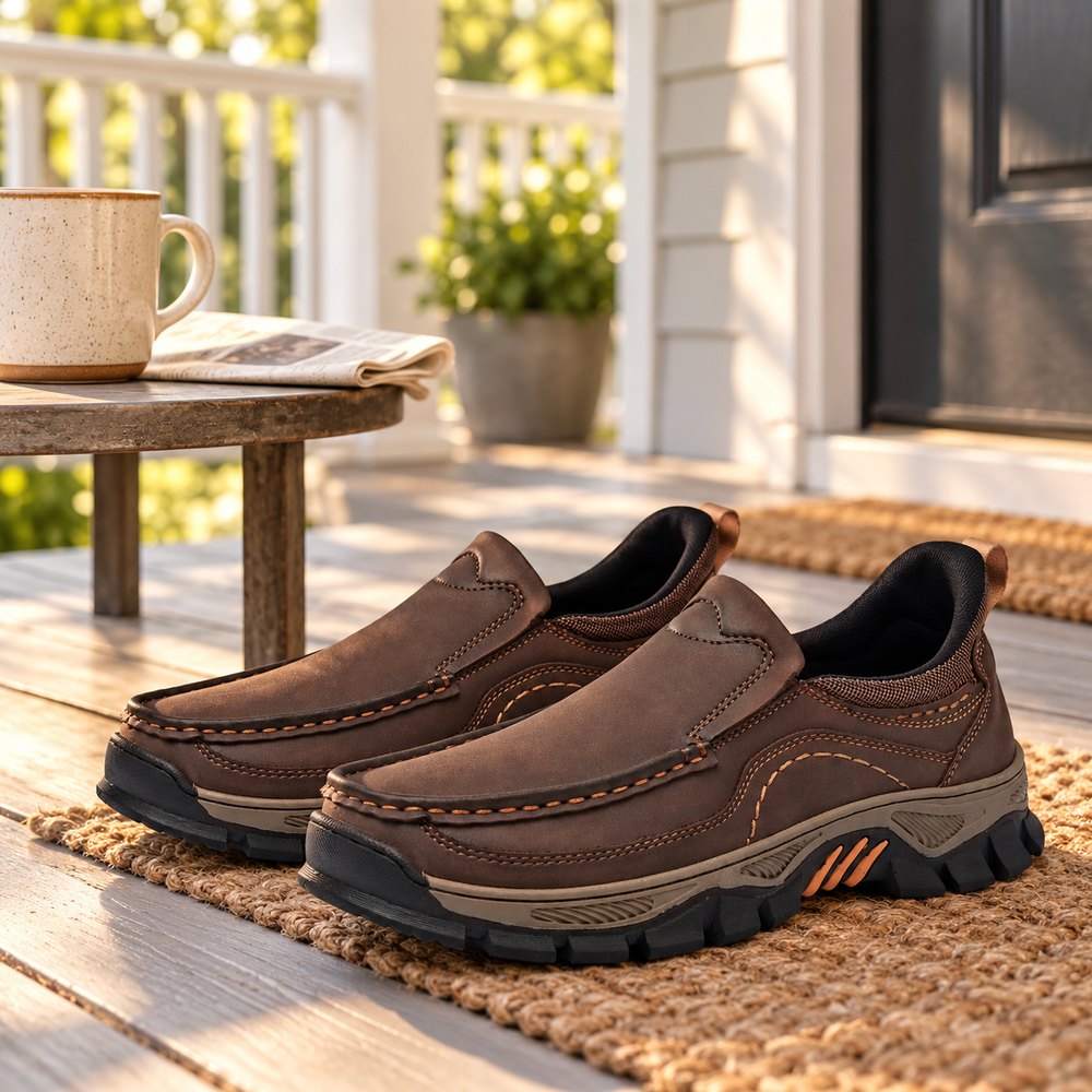 Pair of brown Roam Paths moc-toe slip-on shoes by the front door on a sunny morning porch