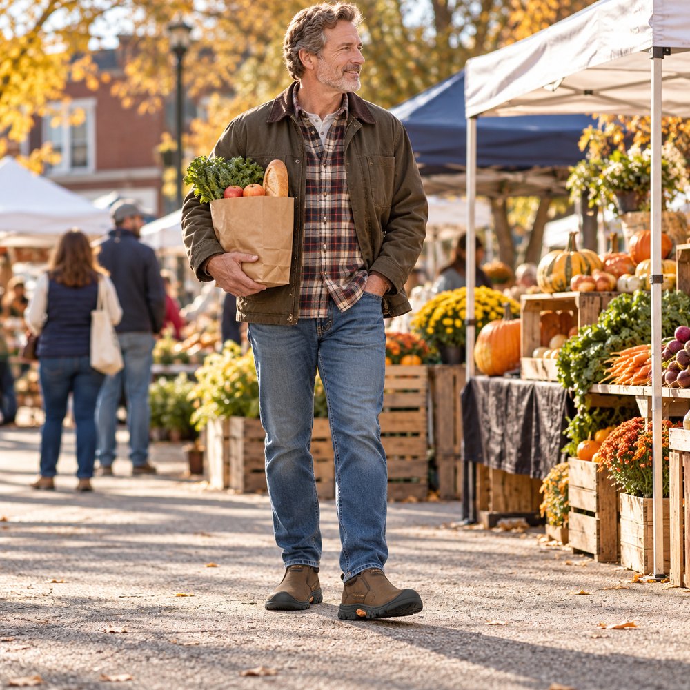 Man wearing brown Roam Paths slip-on ankle shoes while shopping at a neighborhood farmers market