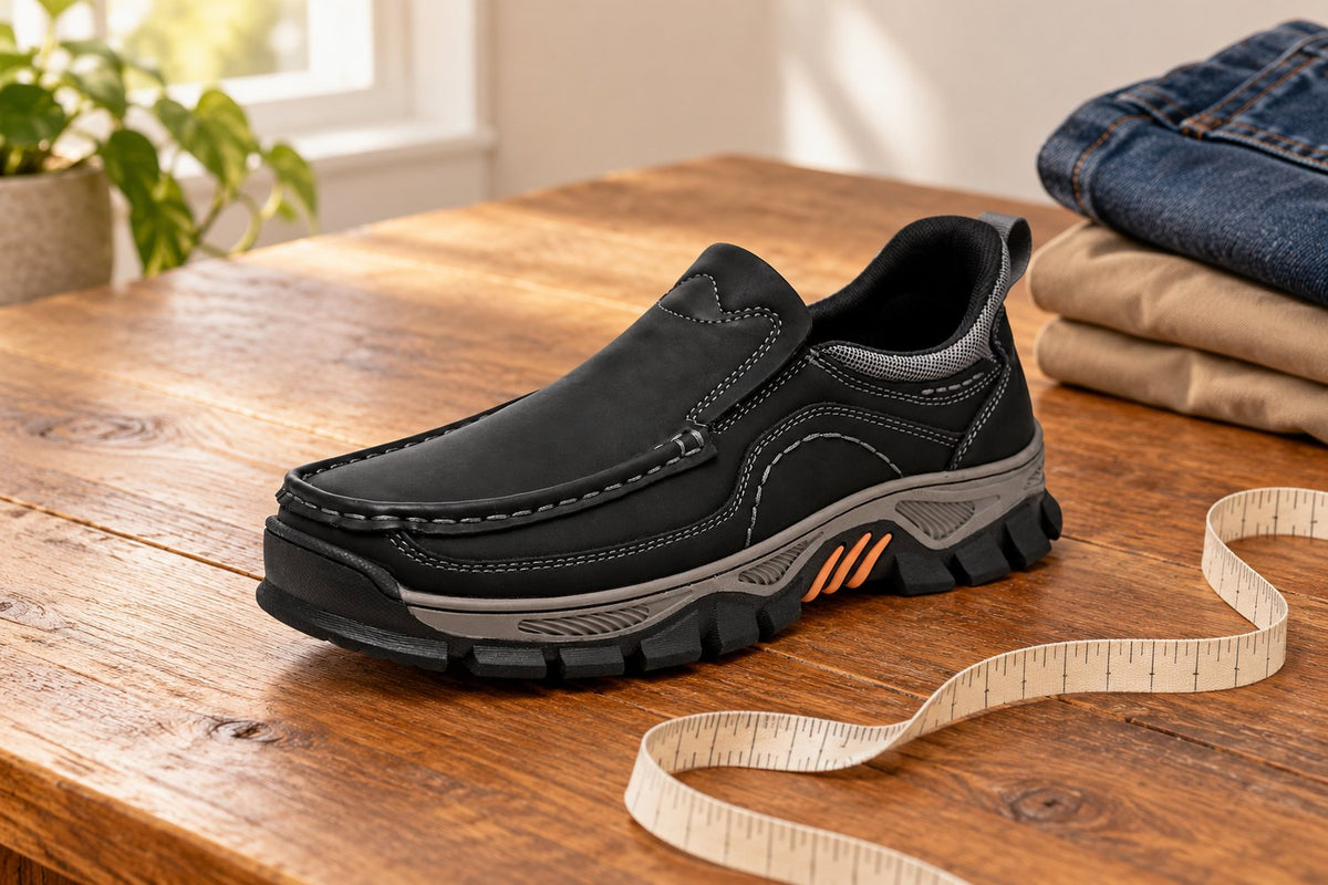 Black Roam Paths moc-toe slip-on shoe beside a measuring tape, jeans and chinos on a wooden table