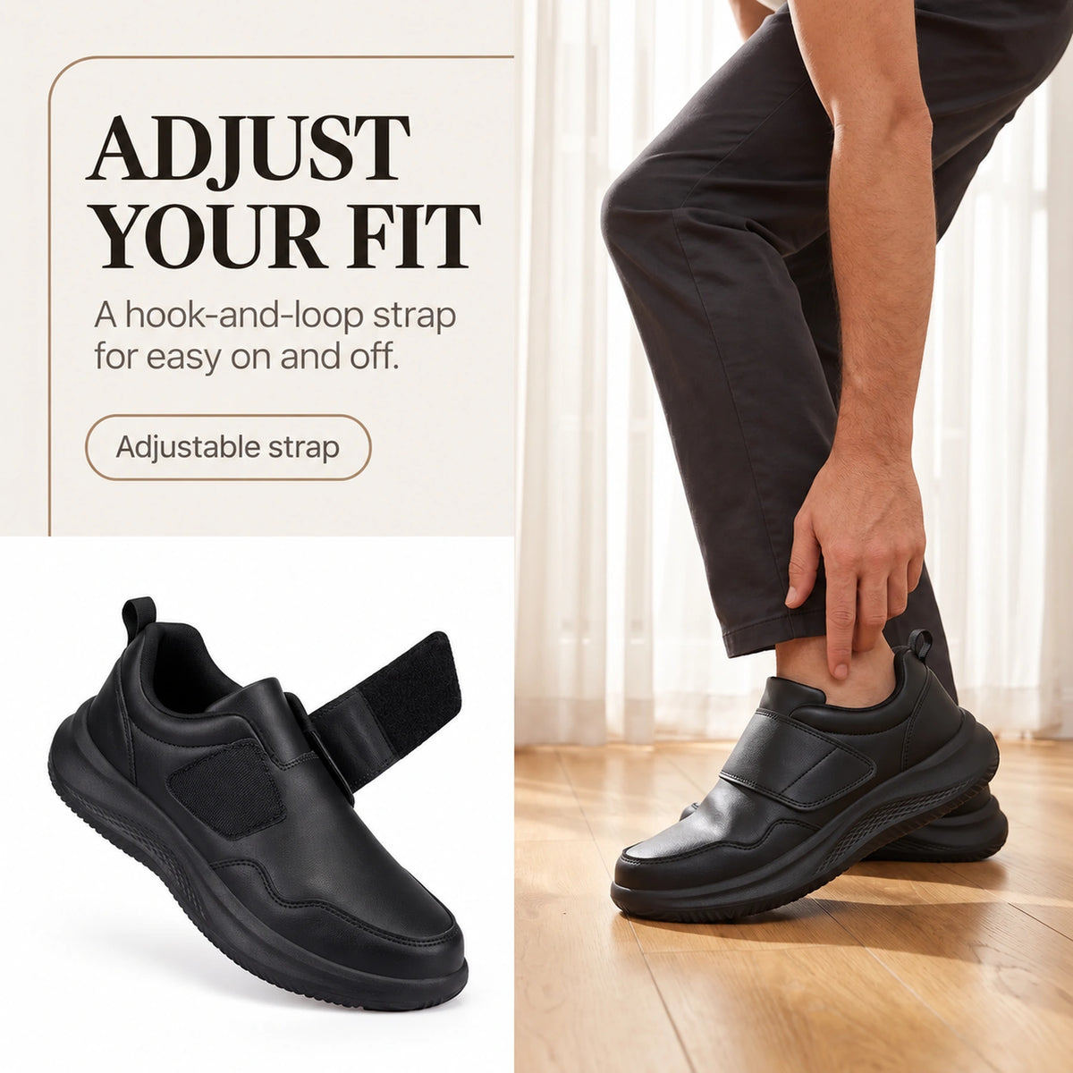 Mens Adjustable Hook and Loop Strap Casual Shoes with Heel Loop
