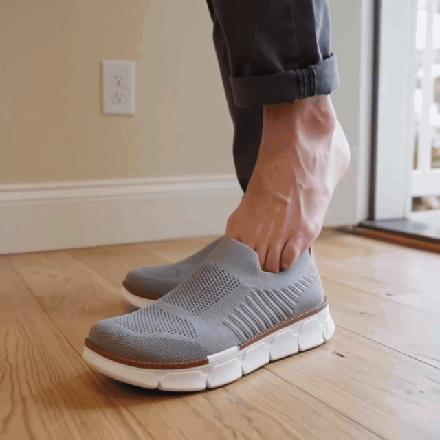 Man stepping into a knit slip-on sneaker using the heel loop