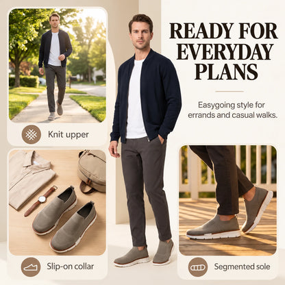 Man wearing taupe XE5813 knit slip-ons, with neighborhood walking and casual outfit scenes.