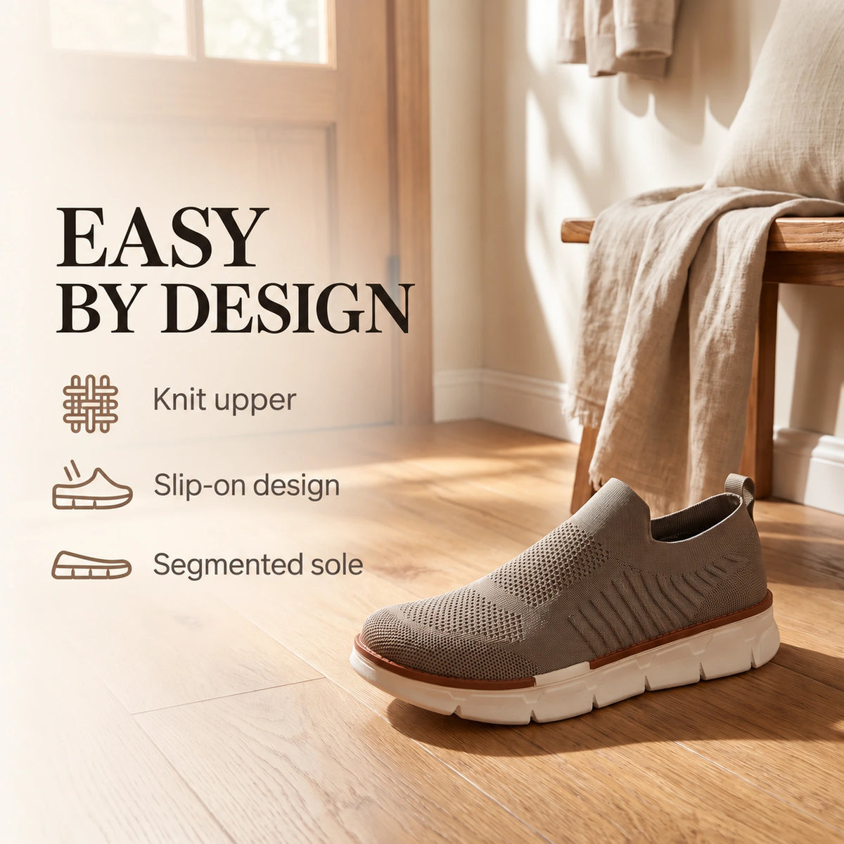Taupe XE5813 knit slip-on shoe in an entryway, with labels for the knit upper, slip-on design and segmented sole.