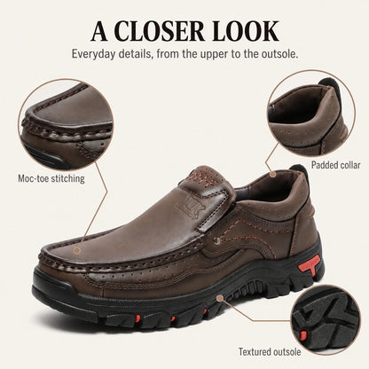 Dark brown XK8815 slip-on shoe with close-ups of moc-toe stitching, padded collar and outsole tread.