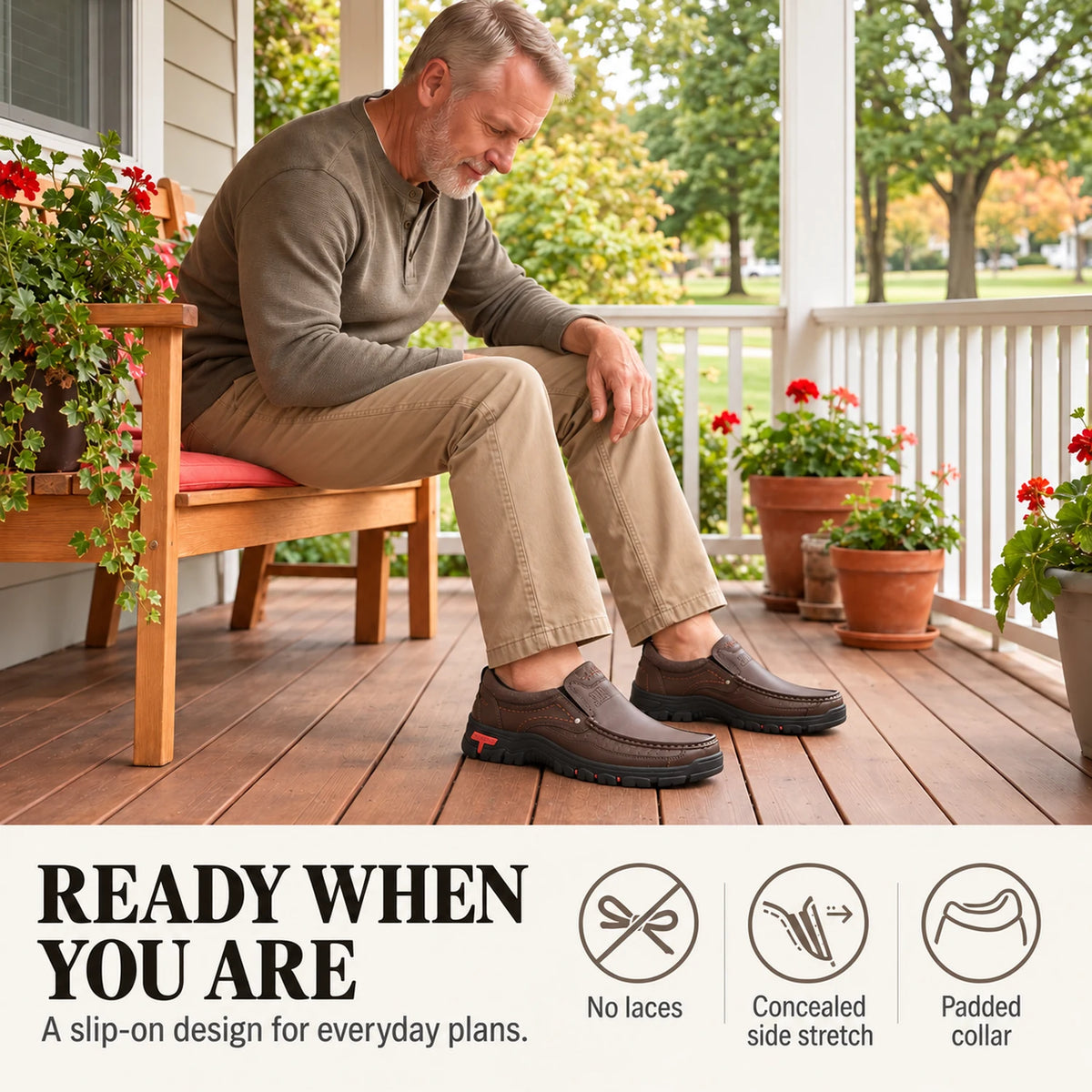 Mature man seated on a porch wearing dark brown XK8815 slip-on shoes with both feet resting naturally on the floor.