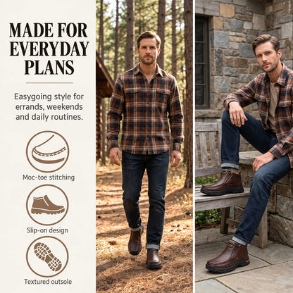 Mature man in a plaid shirt and jeans wearing brown 33238 slip-on ankle boots.