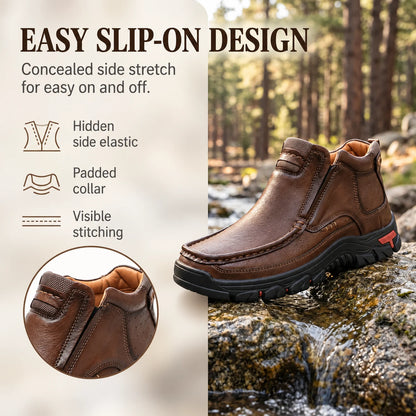 Brown 33238 ankle boot on a rocky forest path, with close-ups of the concealed side seam and padded collar.
