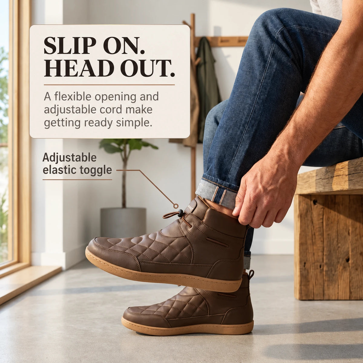 Man seated in an entryway pulling on a brown 95856 ankle boot.