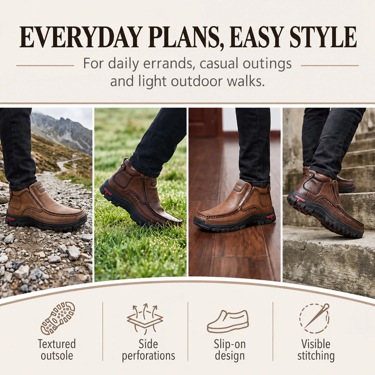 Brown 33238 slip-on ankle boots worn for park walks, errands and daily activities.
