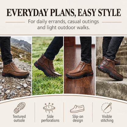 Brown 33238 slip-on ankle boots worn for park walks, errands and daily activities.