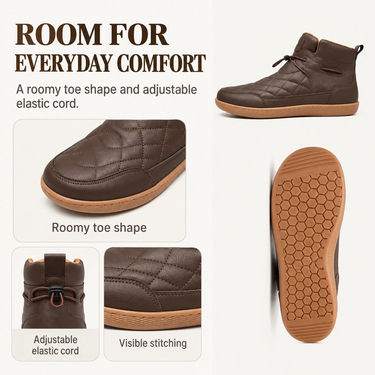 Brown 95856 ankle boot showing the toe shape, elastic cord, stitching and honeycomb outsole.