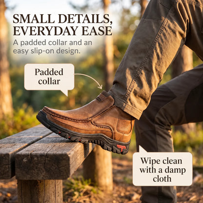 Light brown 33238 ankle boot worn with khaki pants, showing the padded collar and concealed side seam.