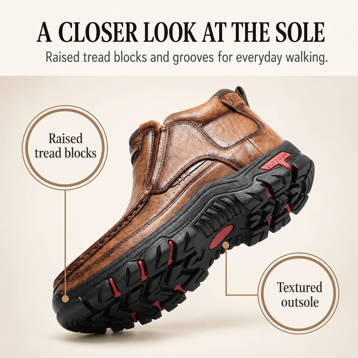 Brown 33238 ankle boot showing raised outsole tread blocks and grooves.