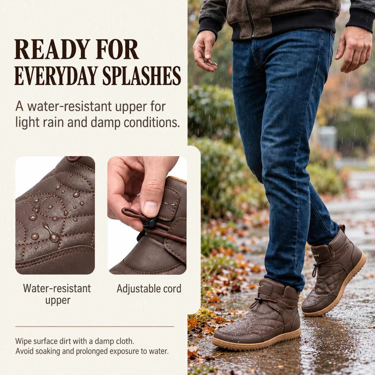 Brown 95856 ankle boots on a damp path with close-ups of water droplets and the adjustable cord.