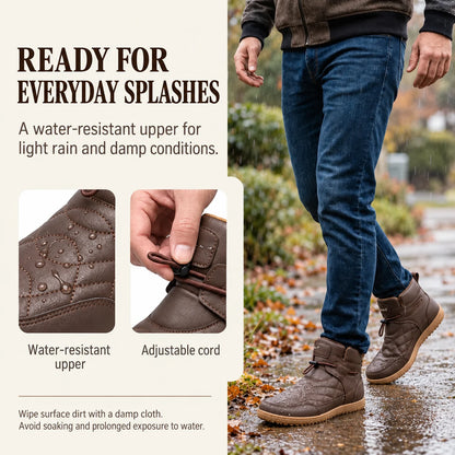 Brown 95856 ankle boots on a damp path with close-ups of water droplets and the adjustable cord.