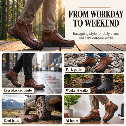 33238 slip-on ankle boots in brown and black shown in commuting, park, travel and home settings.
